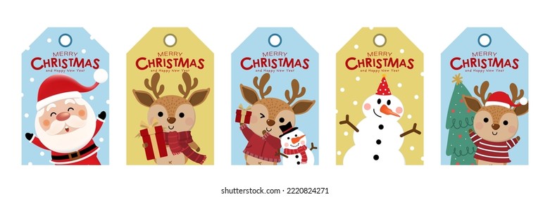 Merry Christmas and happy new year tag with cute Santa Claus, deer and snowman. Holidays cartoon character. -Vector