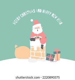 merry christmas and happy new year with cute santa claus and present gift with chimney in the winter season green background, flat vector illustration cartoon character costume design