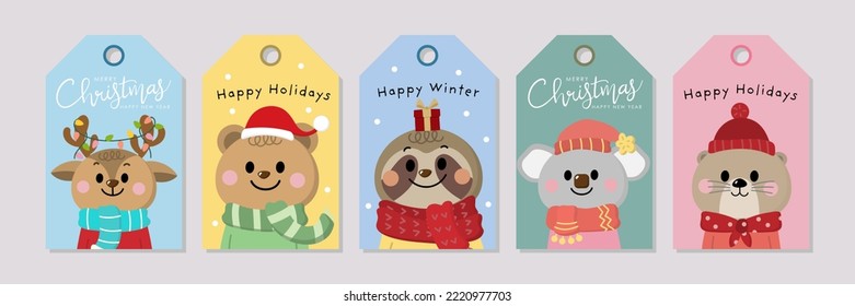 Merry Christmas and happy new year tags with cute koala, bear, deer, otter and sloth in winter costume. Wildlife animal holidays cartoon character. -Vector