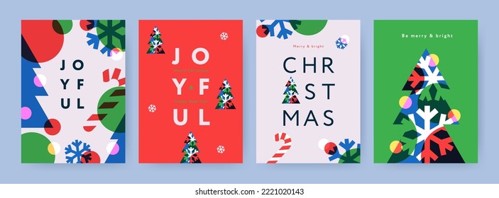 Merry Christmas and Happy New Year Set of backgrounds, greeting cards, posters, holiday covers. Xmas templates with typography and season wishes in modern minimalist style for web, social media, print