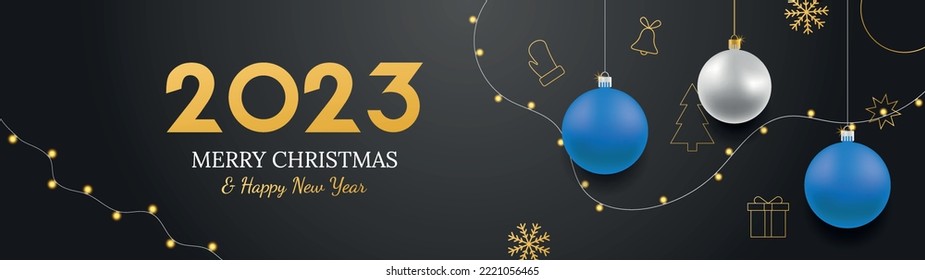 Merry Christmas and Happy New Year vector banner. Realistic rose gold and blue baubles, snowflakes hanging on dark blue background with realistic garland. Background with gold Christmas icon