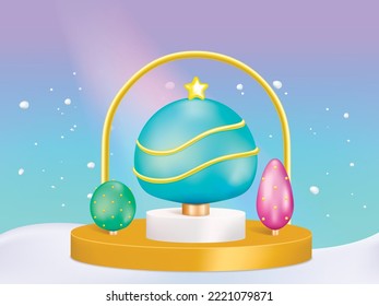 Merry Christmas and Happy New Year decoration on red background. Realistic 3d illustration vector.
