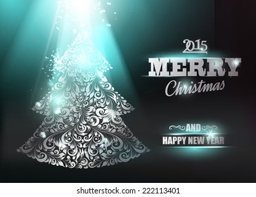 Merry Christmas and Happy New Year 2014 card over dark background. Vector illustration.