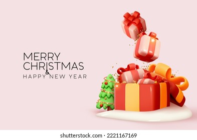 Merry Christmas and Happy New Year festive background. In snow red surprise open boxes into her fall gift box. Christmas holiday composition. Web poster banner. Vector illustration