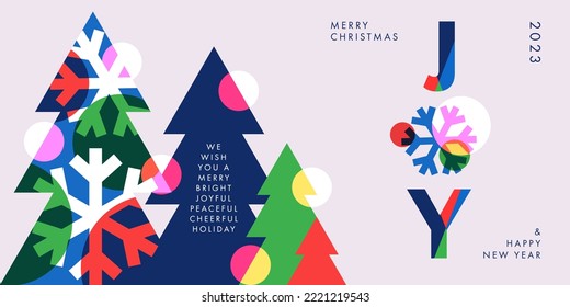 Merry Christmas and Happy New Year banner or greeting card. Trendy modern Xmas design with typography and overlay elements, snowflakes, Christmas tree. Horizontal poster, cover, header for website