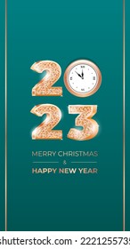Merry Christmas and Happy New Year 2023 card vector template. Gold sparkling 3D numbers and a clock on a teal background. Backdrop for web, social networks and stories. Vector 10 EPS.