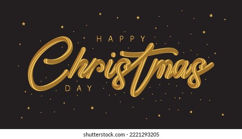 Merry Christmas and Happy New Year lettering template. Greeting card invitation with golden snowflakes. Winter holidays related typographic quote. Vector vintage illustration.
