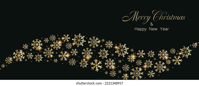 Merry Christmas and Happy New Year greeting card design with golden stars and snowflakes decorated on Christmas background for banner, poster or cards. Christmas background or Banner.