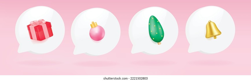 Merry Christmas and Happy New Year decoration gift box, ball, tree and bell on white bubble speech icon. Realistic 3d illustration vector. 3d rendering