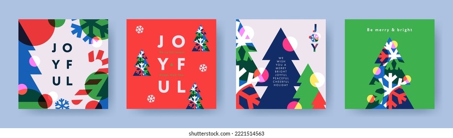 Feliz Navidad y Feliz Año Nuevo banner o tarjeta de felicitación Set. Diseño moderno y moderno de Navidad con tipografía y elementos superpuestos, copos de nieve, árbol de Navidad. Afiche mínimo, portada, plantilla de medios sociales
