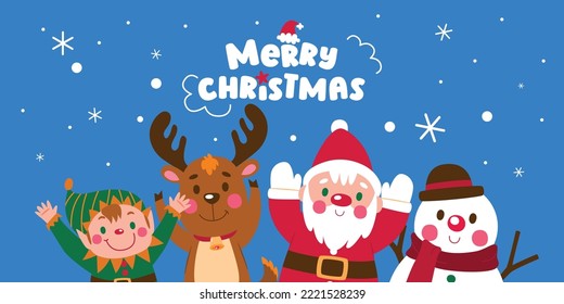 Feliz Navidad y Feliz Año Nuevo, Tarjeta de Saludo con Santa Claus, Elf, Snowman y reno. Personaje de caricatura de vacaciones en invierno, Vector