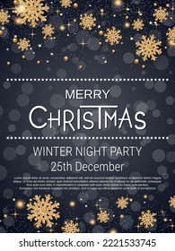 Merry Christmas and Happy New Year vector illustration. Dark gray background with stars and snowflakes. Flyer, invitation card, booklet template