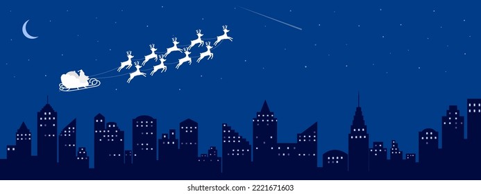 Merry Christmas happy new year banner vector illustration, Santa Claus fly in sleigh with nine reindeer on sky night over model skyscraper building city town landscapes, calibration holiday background