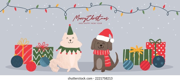 Merry christmas and happy new year concept background vector. Collection drawing of cute dogs with decorative scarf, gifts, hat. Design suitable for banner, invitation, card, greeting, banner, cover.