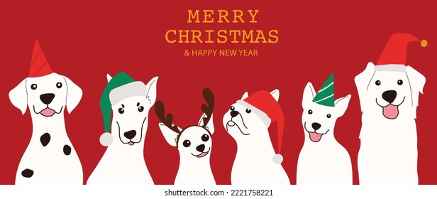 Merry christmas and happy new year concept background vector. Collection drawing of white cute dogs with christmas hat. Design suitable for banner, invitation, card, greeting, banner, cover.