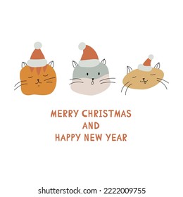 Merry Christmas and Happy New Year. Cute cards for Christmas. Fluffy cats in Santa Claus hats. Pet. Vector illustration.