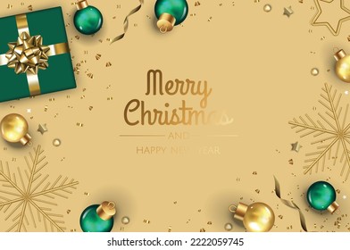 Merry Christmas and Happy New Year poster or banner with green gift box, christmas ball and gold christmas element