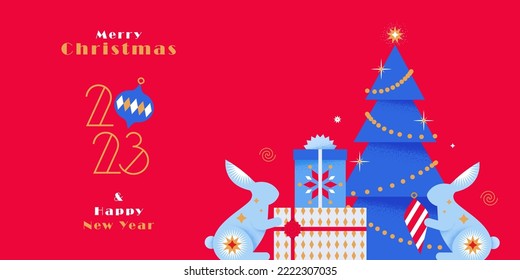 Merry Christmas and Happy New Year greeting card, cover or banner with winter decoration elements, holiday gifts, balls and toys, cute rabbits, decorating the Christmas tree. Xmas flat cartoon style