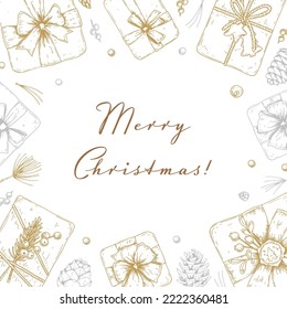 Merry Christmas and Happy New Year square greeting card with hand drawn golden stars and toys on white background. Vector illustration in sketch style