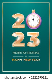 Merry Christmas and Happy New Year 2023 vector template. Gold 3D numbers and lavender Christmas ball decorated with a clock on a teal background. Vector 10 EPS.
