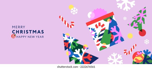 Feliz Navidad y Feliz Año Nuevo. Diseño moderno y moderno de Navidad con elementos superpuestos, regalo, bastón de caramelo, copo de nieve, árbol de Navidad. Afiche horizontal, tarjeta de saludo, banner de venta para el sitio web