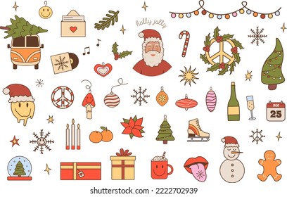 Merry Christmas and happy New Year vector collection in 60s 70s retro style. Groovy winter holiday elements. Sticker pack with positive hippie xmas icons. Vector illustration isolated on white.