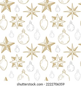 Merry Christmas and Happy New Year seamless pattern with golden hand drawn stars and toys. Festive background. Vector illustration in sketch style