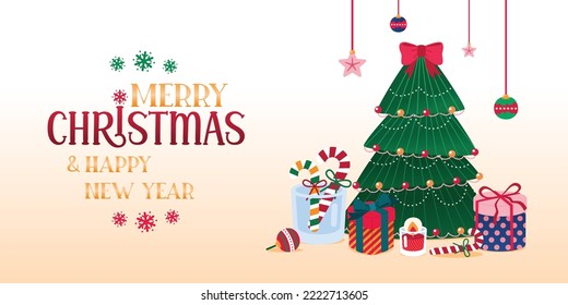 Merry Christmas And Happy New Year Greeting Card Banner, Christmas Tree Decoration, Holiday Poster, Vector