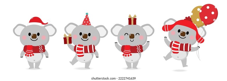 Feliz Navidad y feliz tarjeta de saludo de año nuevo con un lindo oso koala disfrazado de invierno. Caricatura de feriado animal. -Vector