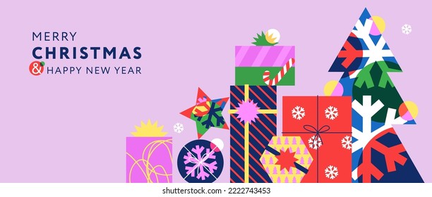 Merry Christmas and Happy New Year banner. Trendy modern Xmas design with overlay elements, gift boxes, candy cane, snowflake, Christmas tree. Horizontal poster, greeting card, sale banner for website