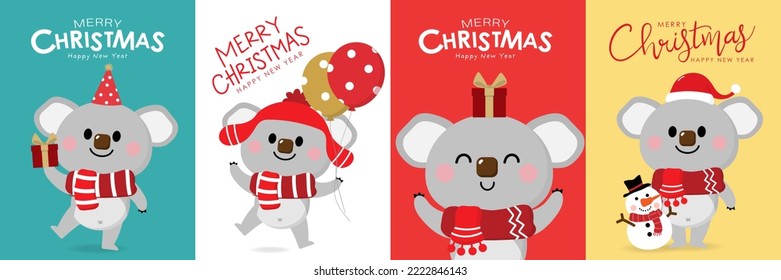 Feliz Navidad y feliz tarjeta de saludo de año nuevo con un lindo oso koala disfrazado de invierno. Caricatura de feriado animal. -Vector