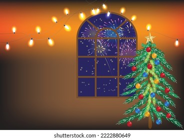 Merry Christmas and Happy New Year 2023 with colorfull firework and stardust outside window beside pine tree.