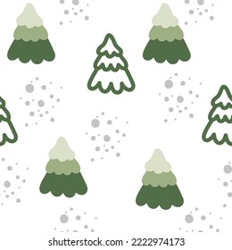 Merry Christmas and happy new year seamless pattern. Holiday winter objects: tree, snowflakes, scandi house, stars.