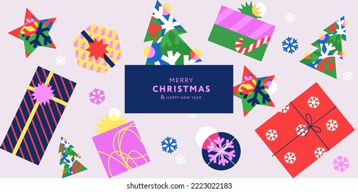 Merry Christmas and Happy New Year banner. Trendy Xmas seamless pattern with gifts, candy cane, snowflakes, Christmas tree. Horizontal poster, greeting card, banner for website, paper, packaging