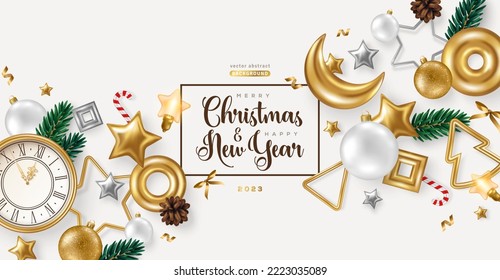 Merry Christmas and Happy New Year 2023 Banner, Xmas Tree Branches, Golden Baubles, Moon Clock Bright Background. Vector illustration. Winter holiday template design, poster, flyer, pattern voucher