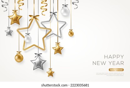 Merry Christmas and Happy New Year 2023 Banner, Glitter Background with Silver and Gold Hanging Stars Baubles. Vector illustration. Xmas holiday decorations. Place for text. Elegant luxury pattern