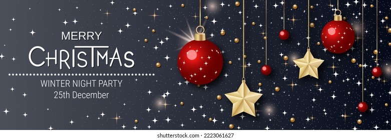 Merry Christmas and Happy New Year vector illustration. Dark gray background with stars and winter decor. Banner, invitation card, coupon, web header template