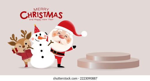 Merry Christmas and happy new year product display podium with cute Santa Claus, snowman and deer. Holiday cartoon character in winter season. -Vector