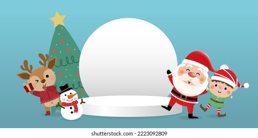 Merry Christmas and happy new year product display podium with cute Santa Claus, little elf, snowman, xmas tree and deer. Holiday cartoon character in winter season. -Vector