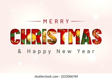 Merry Christmas and Happy New Year card with golden christmas elements and spruce branches - vector illustrations
