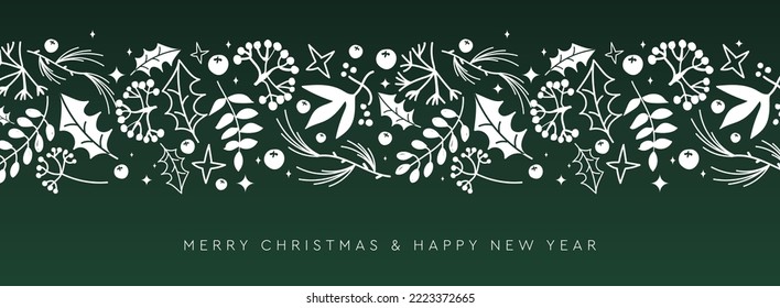 Merry Christmas and Happy New Year hand drawn design with border made of with fir branches, holly leaves and berries. Doodle style vector illustration