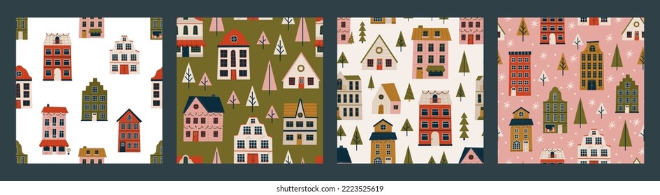 Merry Christmas and Happy New Year set of seamless pattern with various tiny houses. Modern hand draw illustrations. Colorful contemporary art