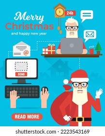 Merry Christmas And Happy New Year Concept Design Flat. Santa Delivering Christmas Gifts. Santa Mail, Online Greeting. Vector Illustration