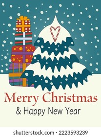 Merry Christmas and Happy New Year 2023 card. Vector  with congratulations of the coming year, colorful cute gifts, candy can, snow, Christmas tree.  Famous winter family and children holidays.