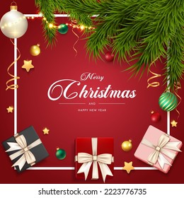 Merry Christmas and Happy New Year Promotion Poster or banner with red gift box