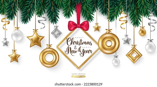 Merry Christmas and Happy New Year poster, gold silver 3d baubles, fir tree branches, confetti and frame. Vector illustration. Winter holiday background, hanging balls and stars. Place for text