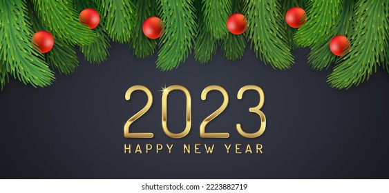 Merry christmas and happy new year 2023 banner template chrismas tree, golden glitter balls decoration for flyers, poster, web and card vector illustration