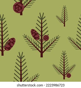 Merry Christmas Happy New Year seamless background pattern. Christmas tree branch with cones on a green background, vector illustration.