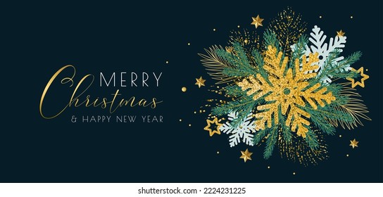 Merry Christmas, Happy New Year greeting card design template vector illustration. Golden and white snowflakes and branches of Christmas fir tree, gold frost leaves and snowfall for happy season