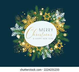 Fröhliche Weihnachten, Happy New Year Design Vorlage Vektorgrafik. Weihnachtskranz mit goldenem und weißem Schneeflocken, Sterne, grüner Weihnachtsbaum verzweigt um ovalen Rahmen mit Grußtext